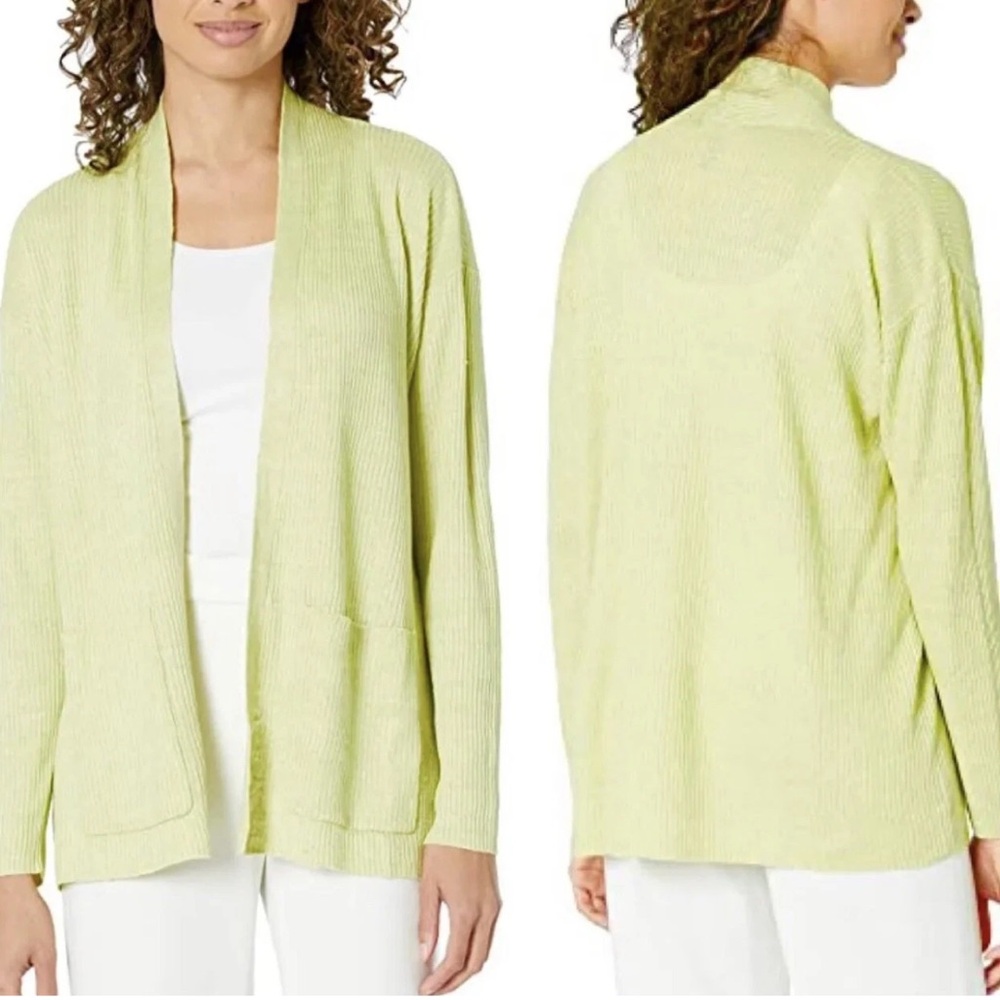 Eileen Fisher 100% Organic Linen Delave High Collar Green Cardigan Canary Sz L